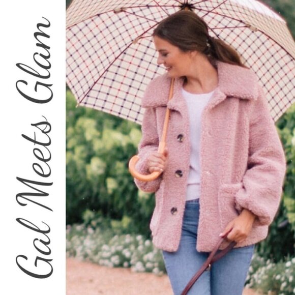 GAL MEETS GLAM Blush Pink Willa Faux Fur Teddy Jacket Fleece, Size Large - Picture 11 of 11